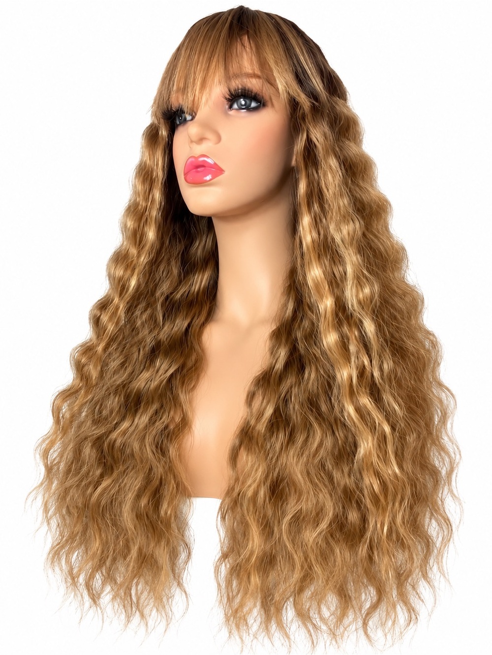 Long Wavy Honey Blonde Wig with Soft Bangs - Women Hair 24 inches long